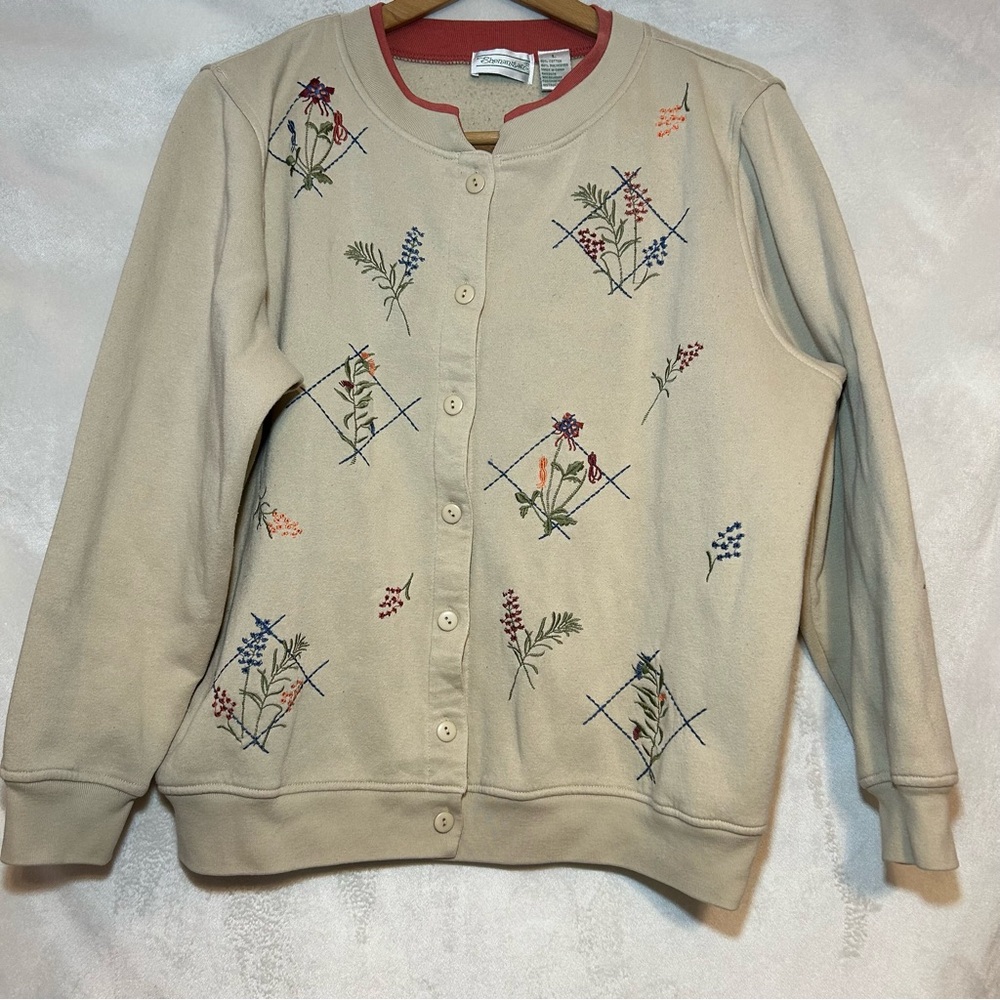 Vintage‎ Shenanigans Floral Embroidered Cottage Whimsy Cardigan Knit Sweater L